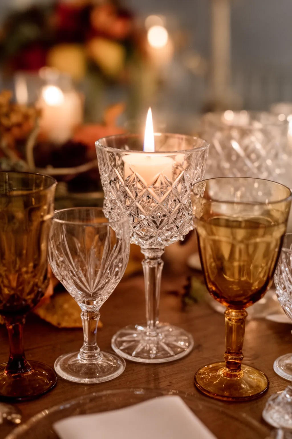 Vintage glassware fall wedding tablescape variation 3