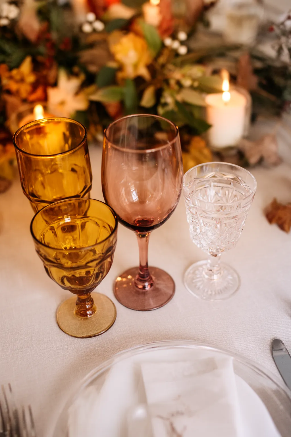 Vintage glassware fall wedding tablescape variation 5