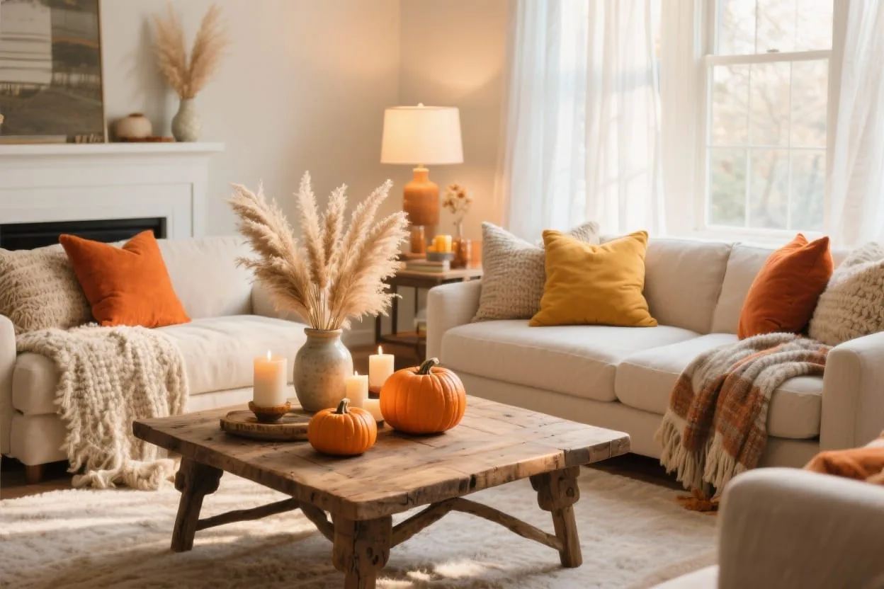 Cozy fall home decor living room with warm textures, earthy tones and candlelight