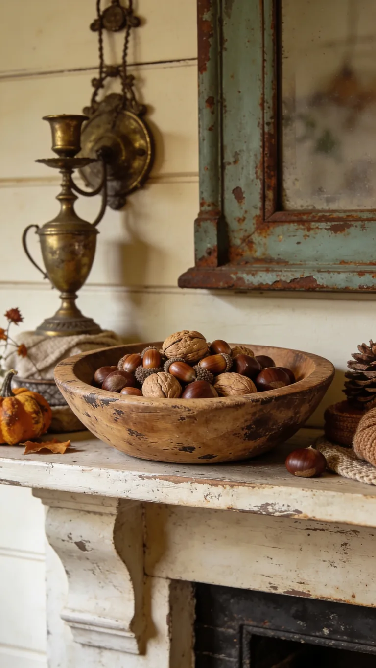 Add a Bowl of Acorns or Nuts - vintage fall mantel decor idea