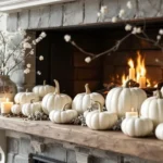 Bright white and cream elegant style fall mantel decor