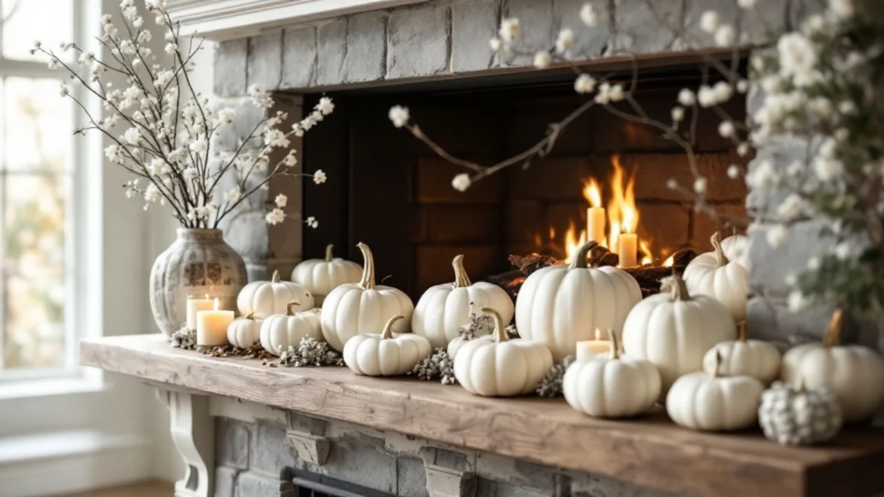 Bright white and cream elegant style fall mantel decor