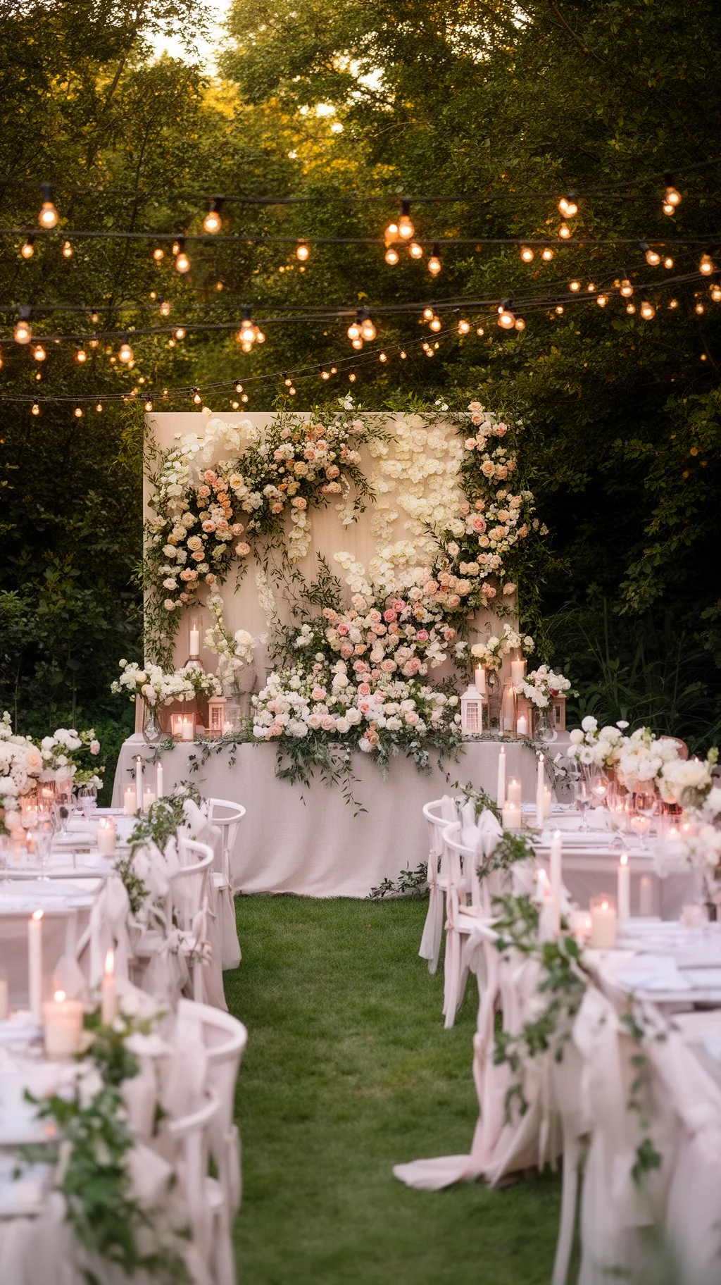 Floral photo backdrop at a garden party