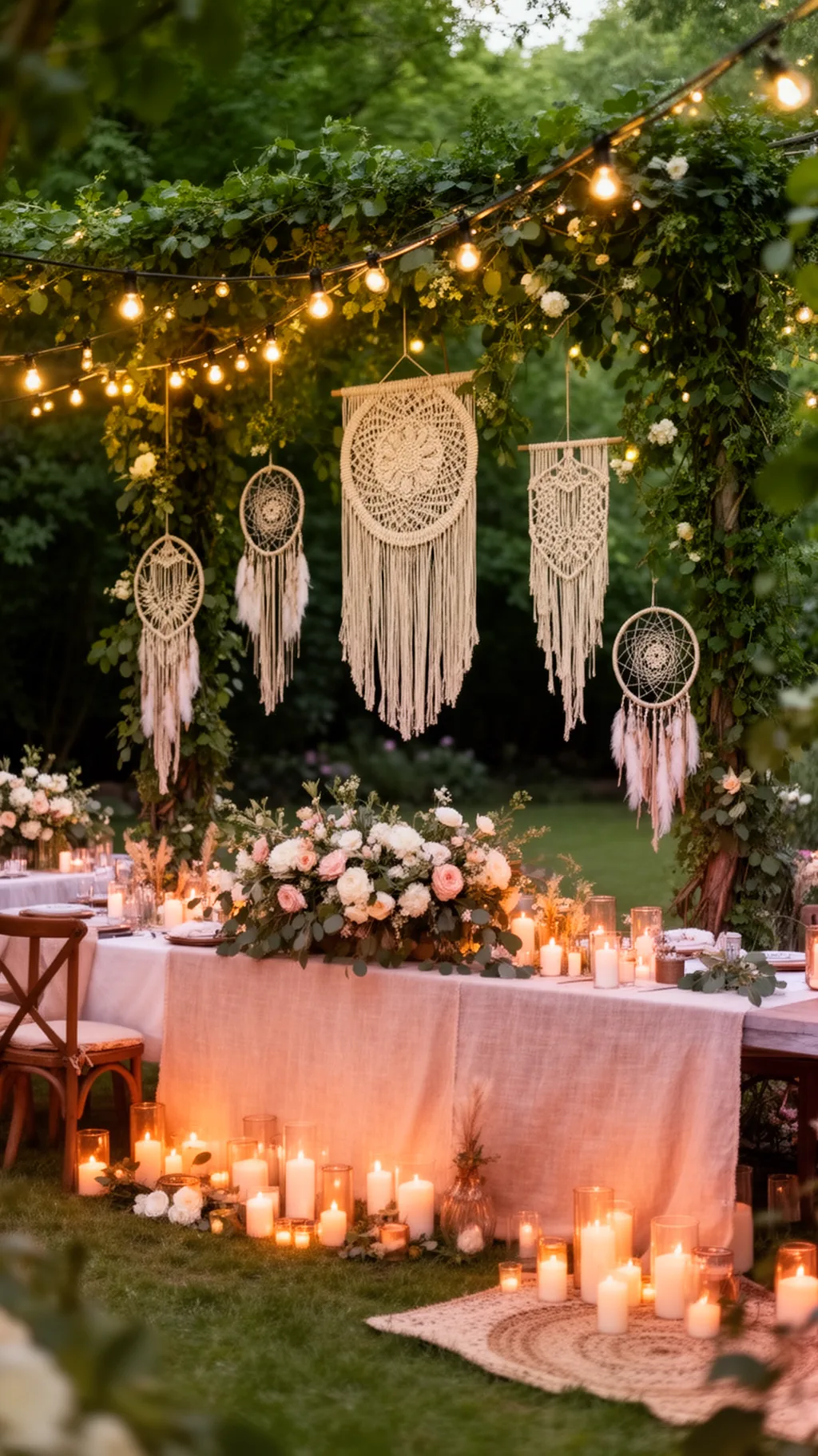 Woven wall hangings in a boho garden