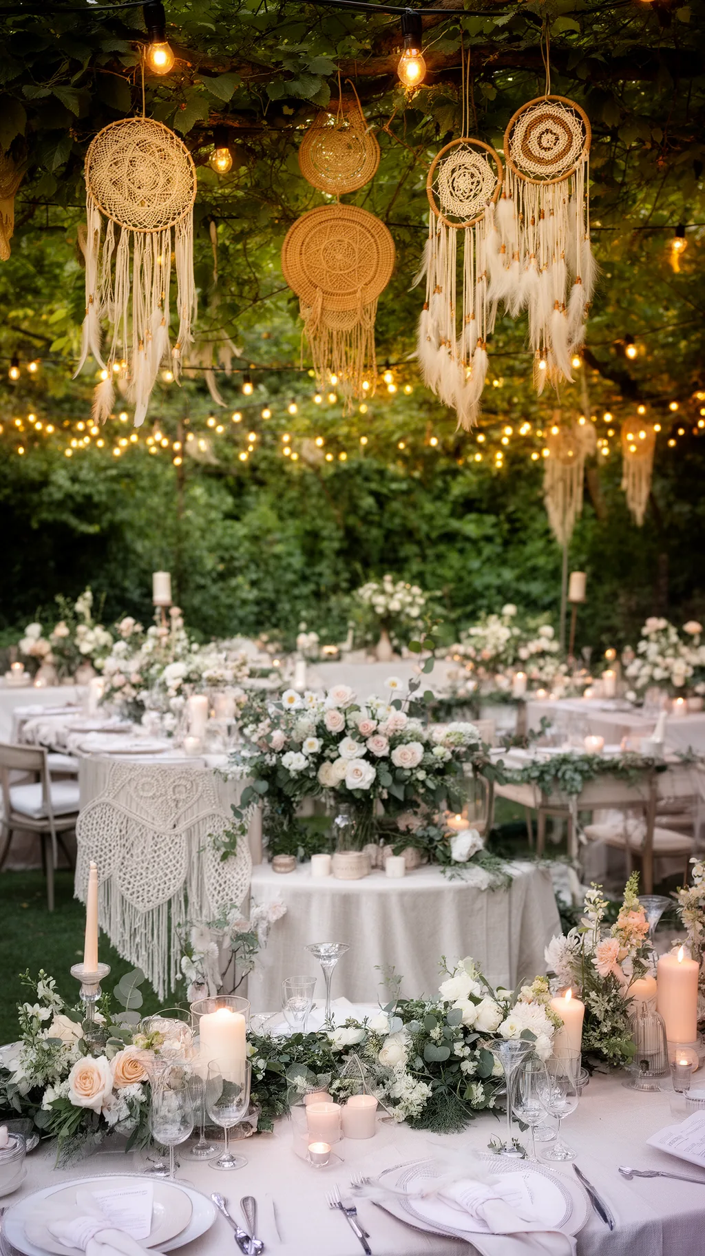 Handmade dreamcatchers in a garden