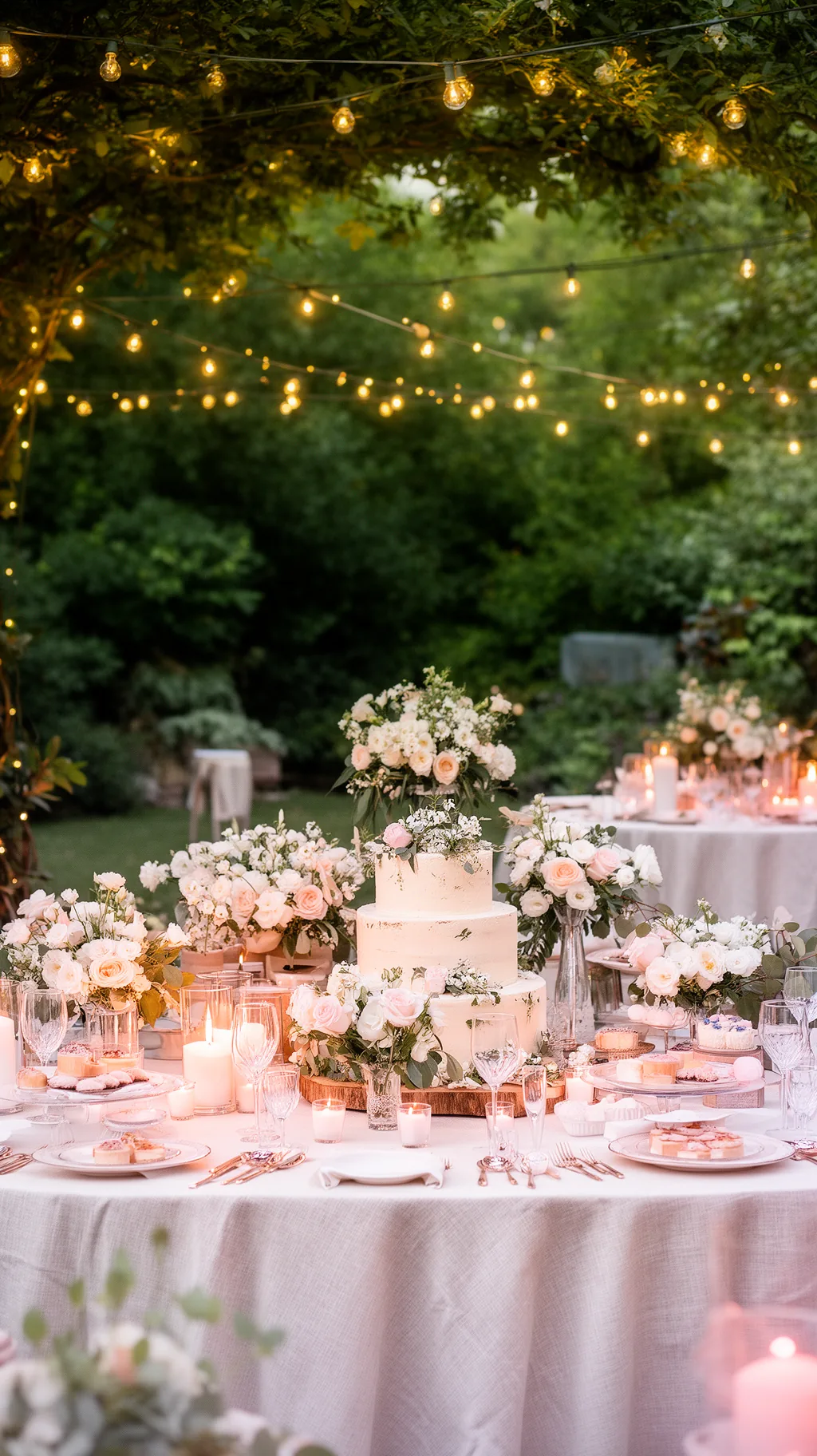 Styled garden party dessert table
