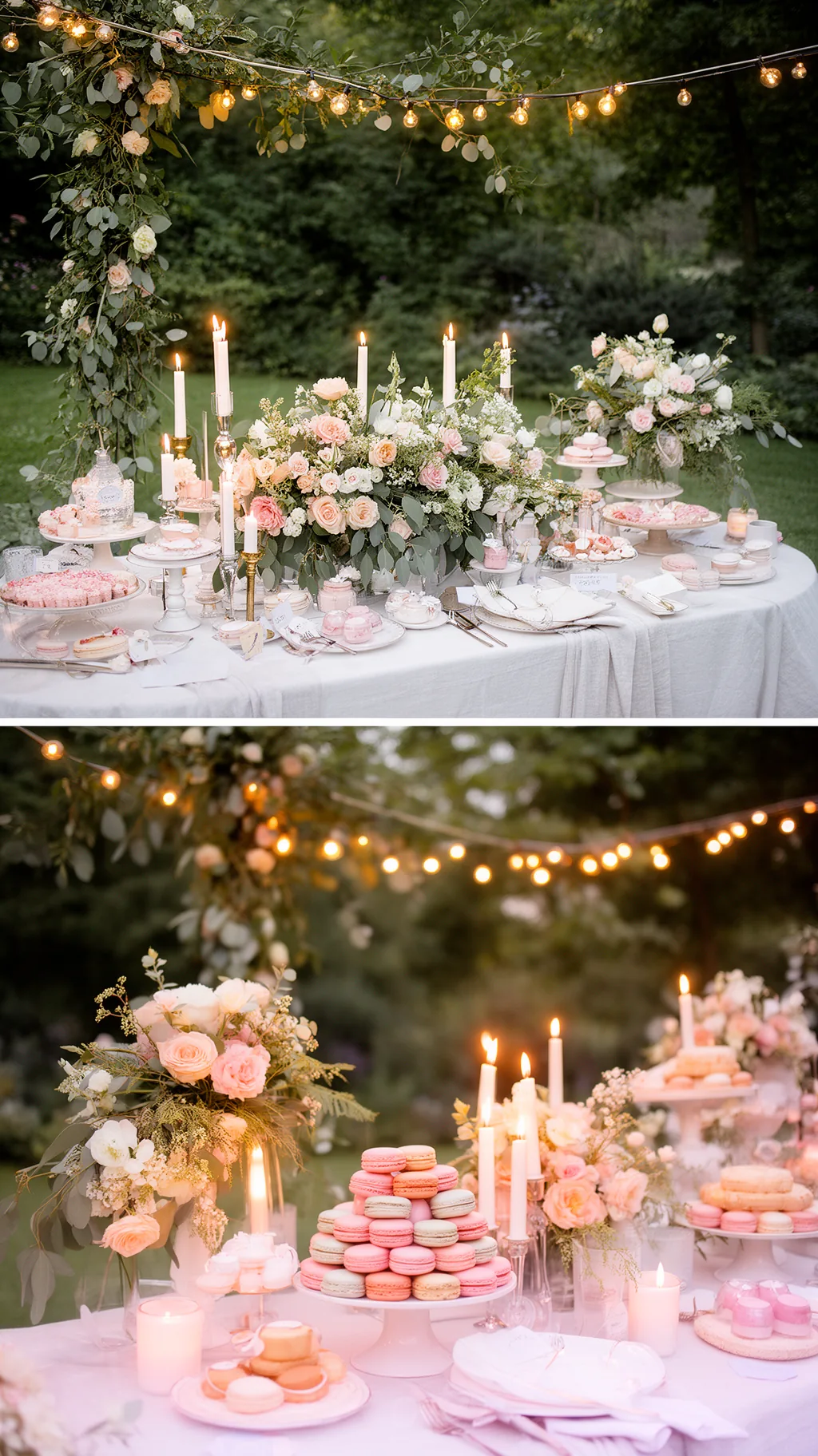 Pastel dessert table with candlelight