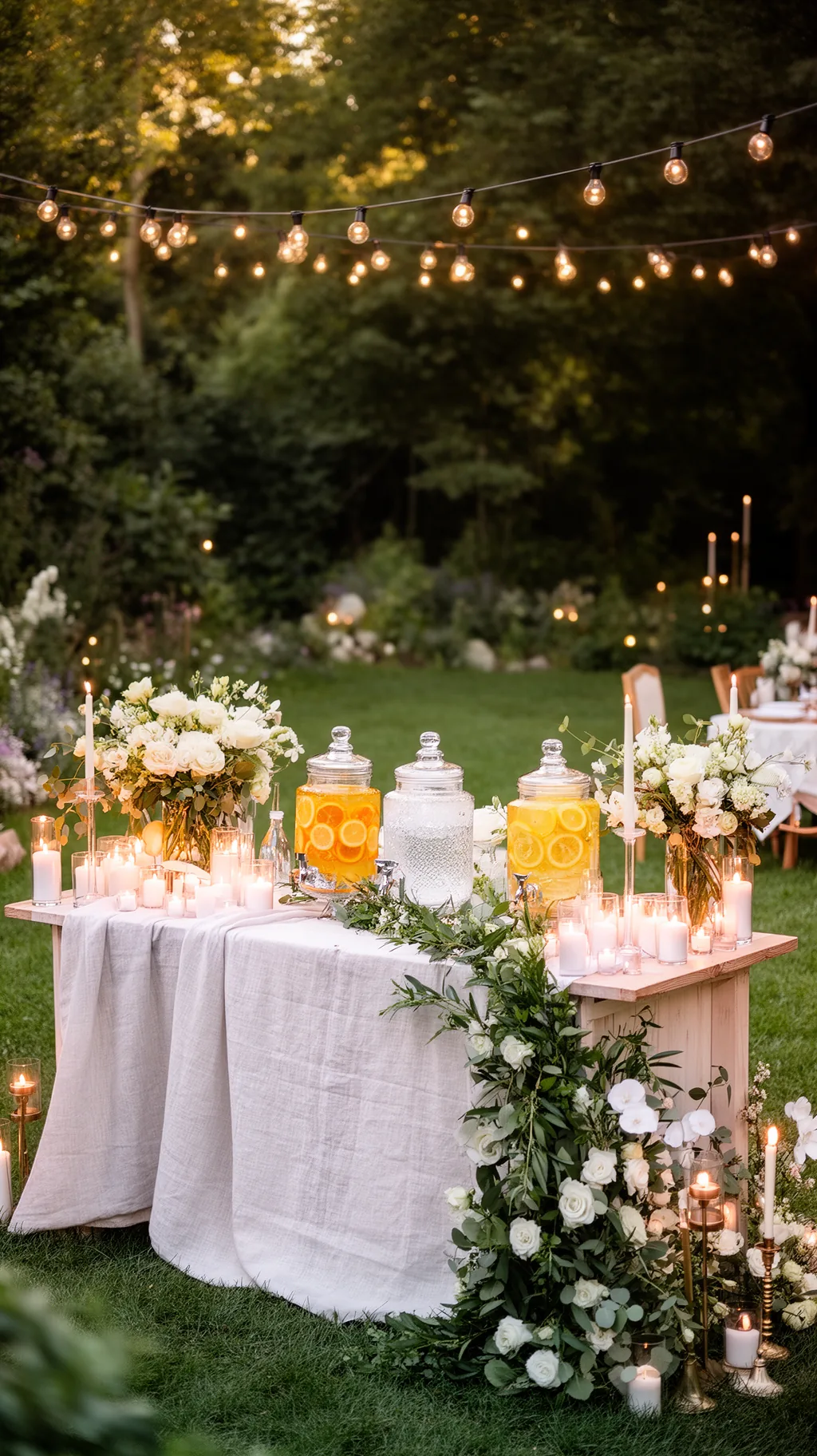 Garden party drinks station with dispensers