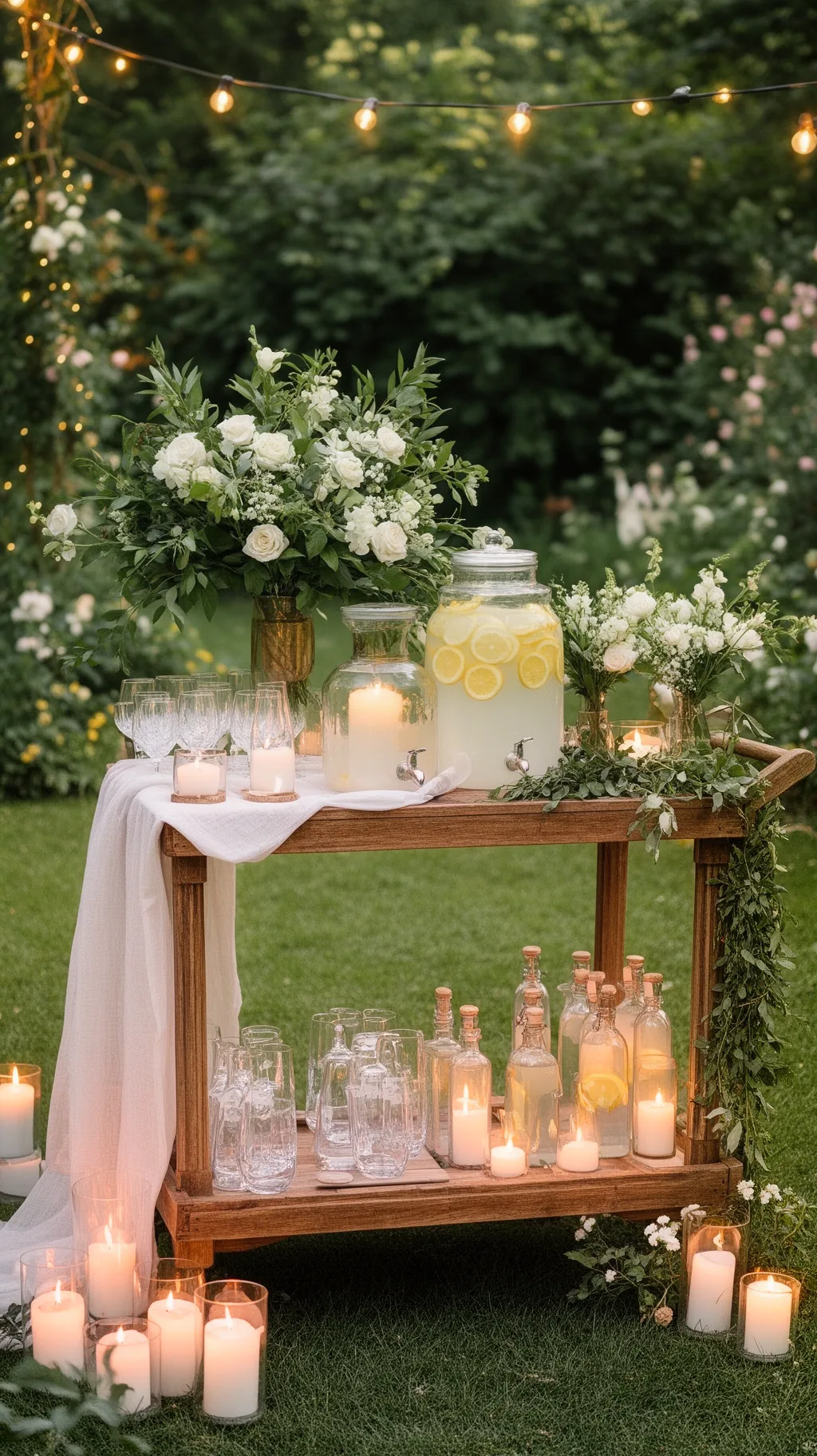 Rustic bar cart drinks station