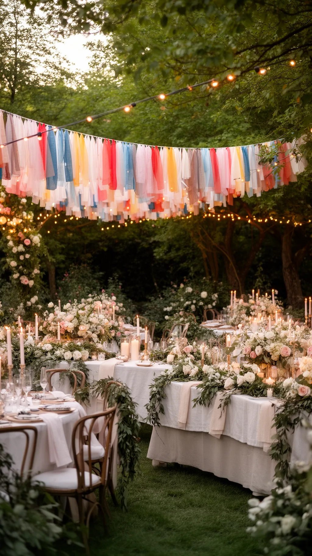Fabric bunting between garden trees