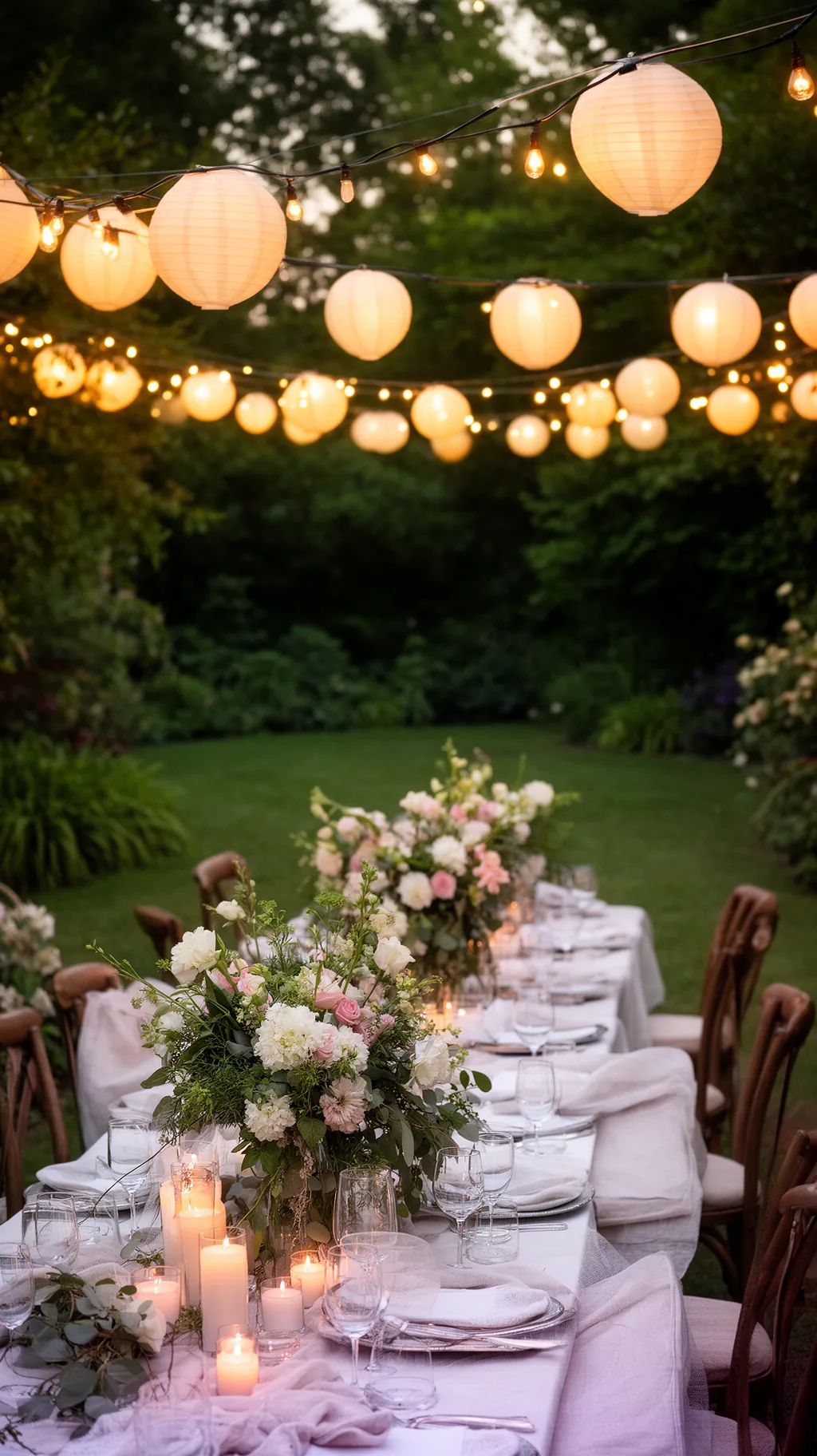 Glowing paper lanterns over a garden table