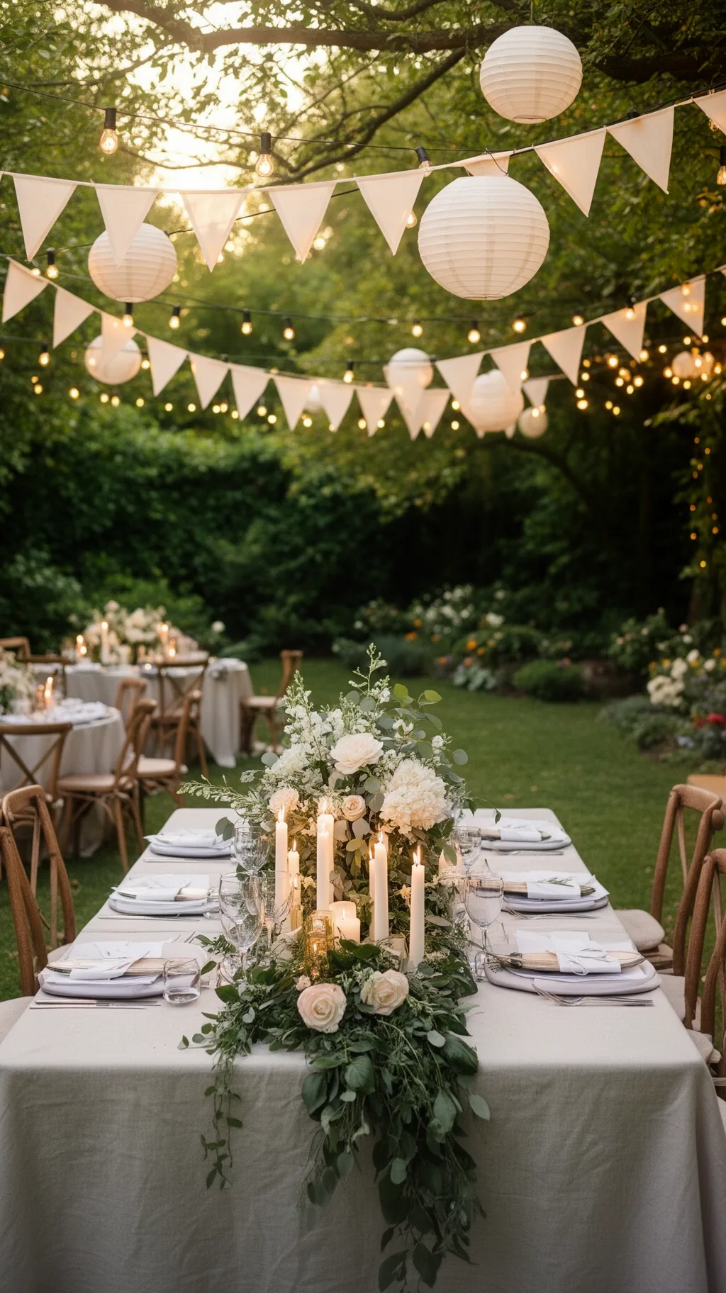 Bunting and lanterns over a garden party