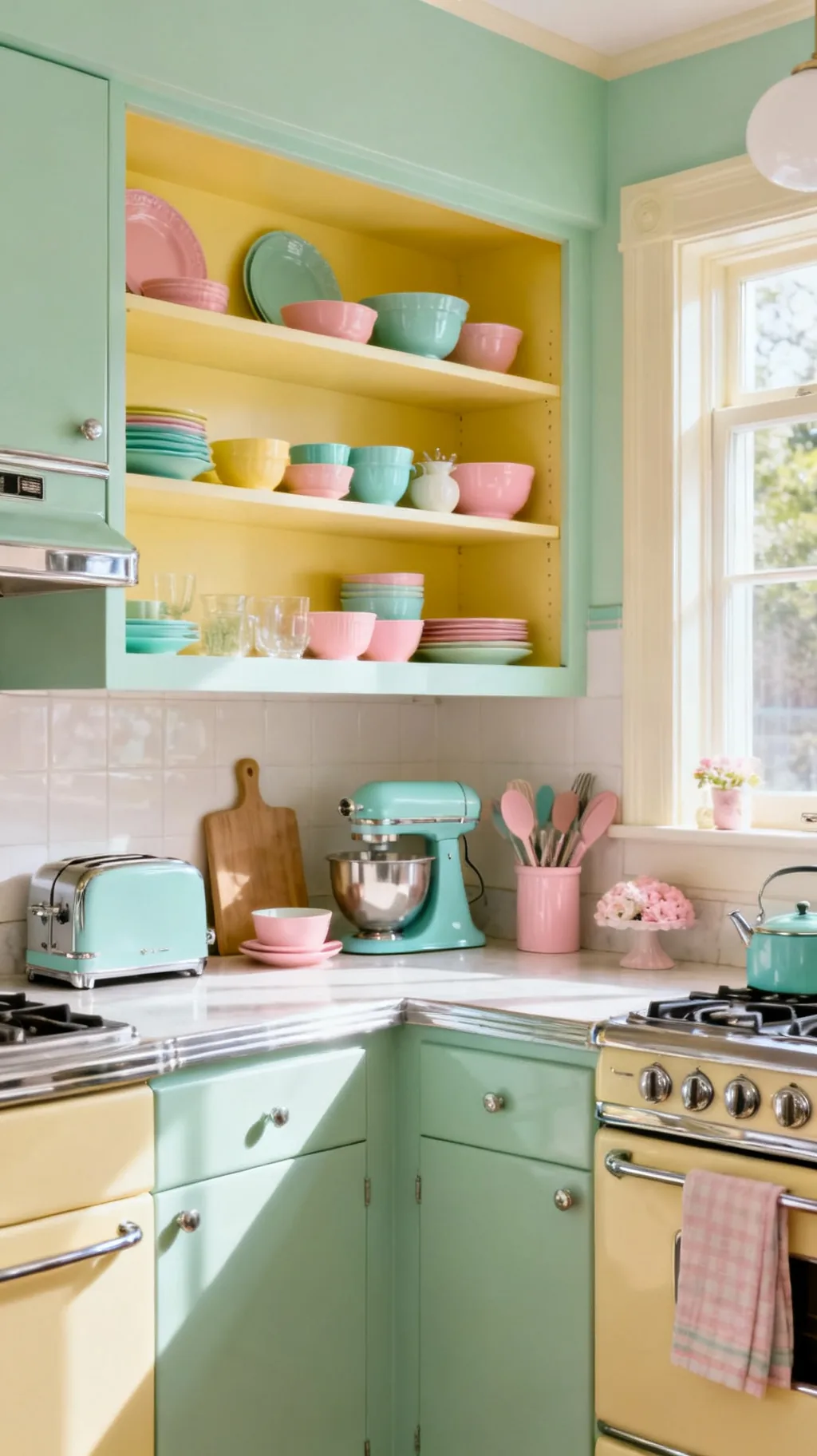 Open shelves of colorful retro dishware
