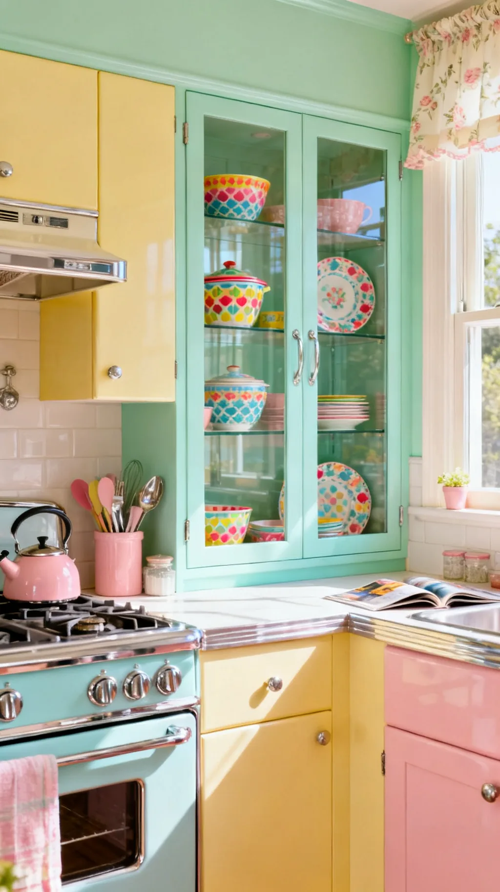 Glass-front cabinet with colorful china