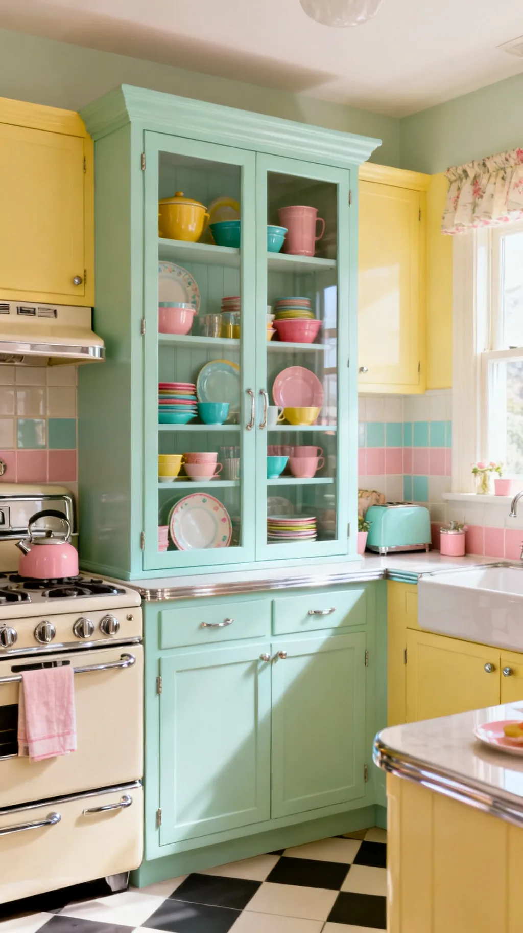 Painted hutch with colorful dishes
