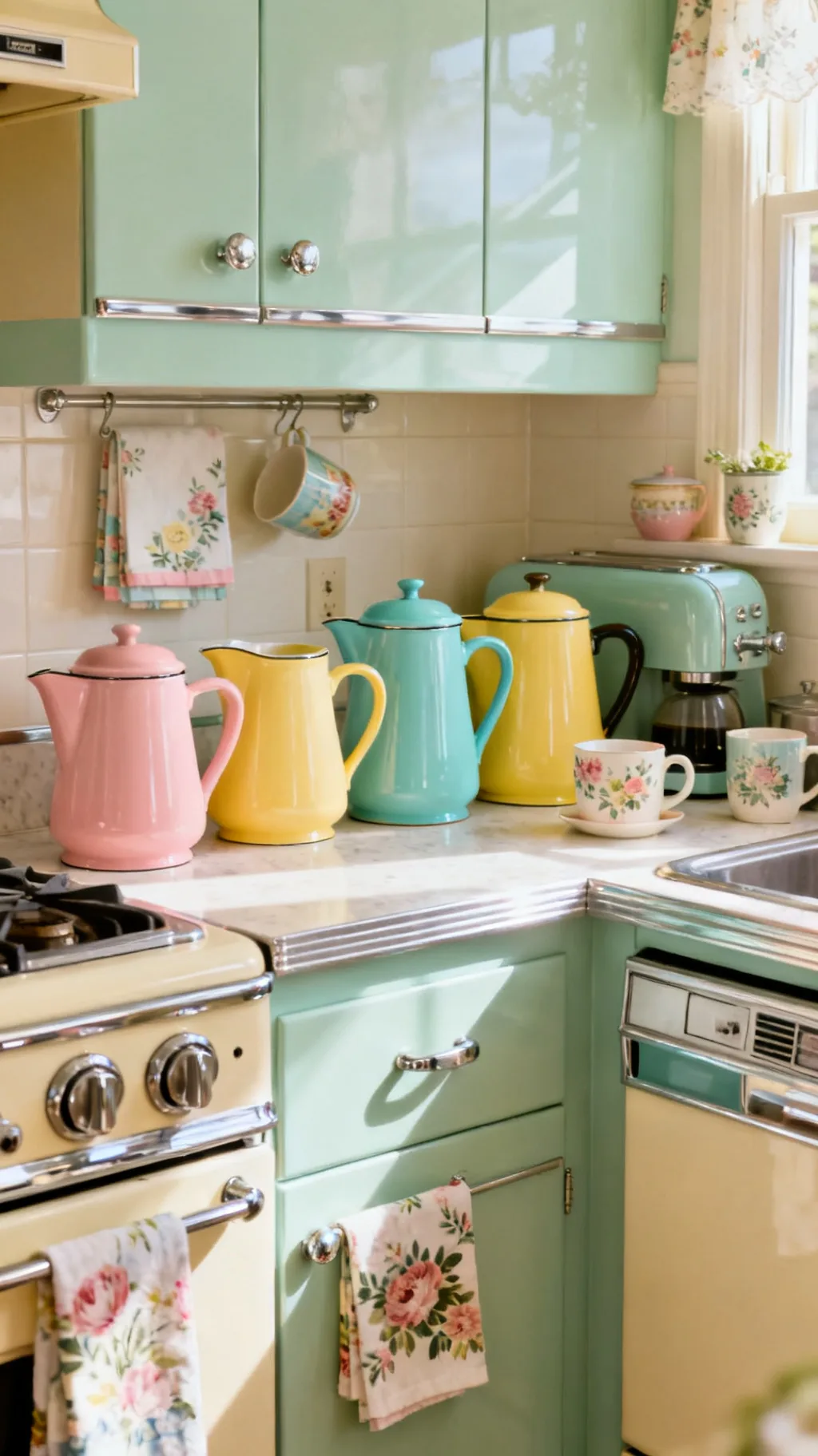 Colorful enamelware on a counter