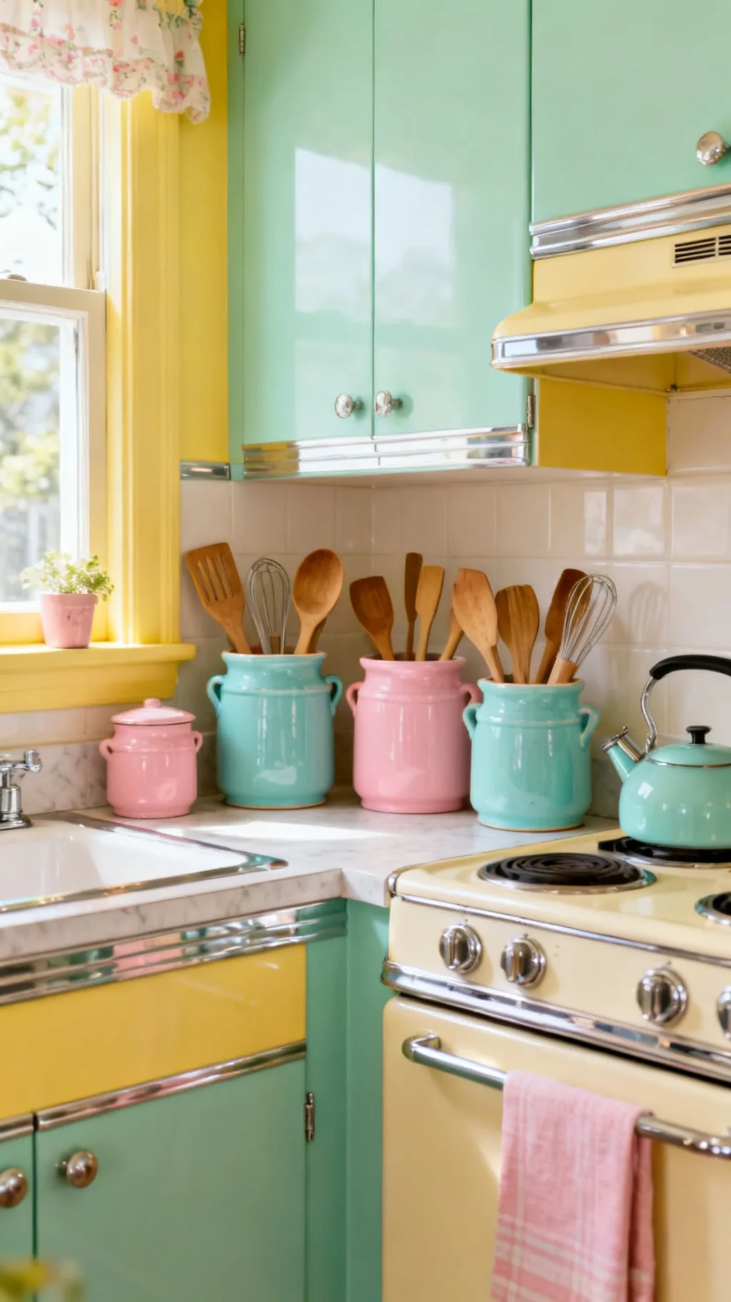 Stoneware crocks with utensils