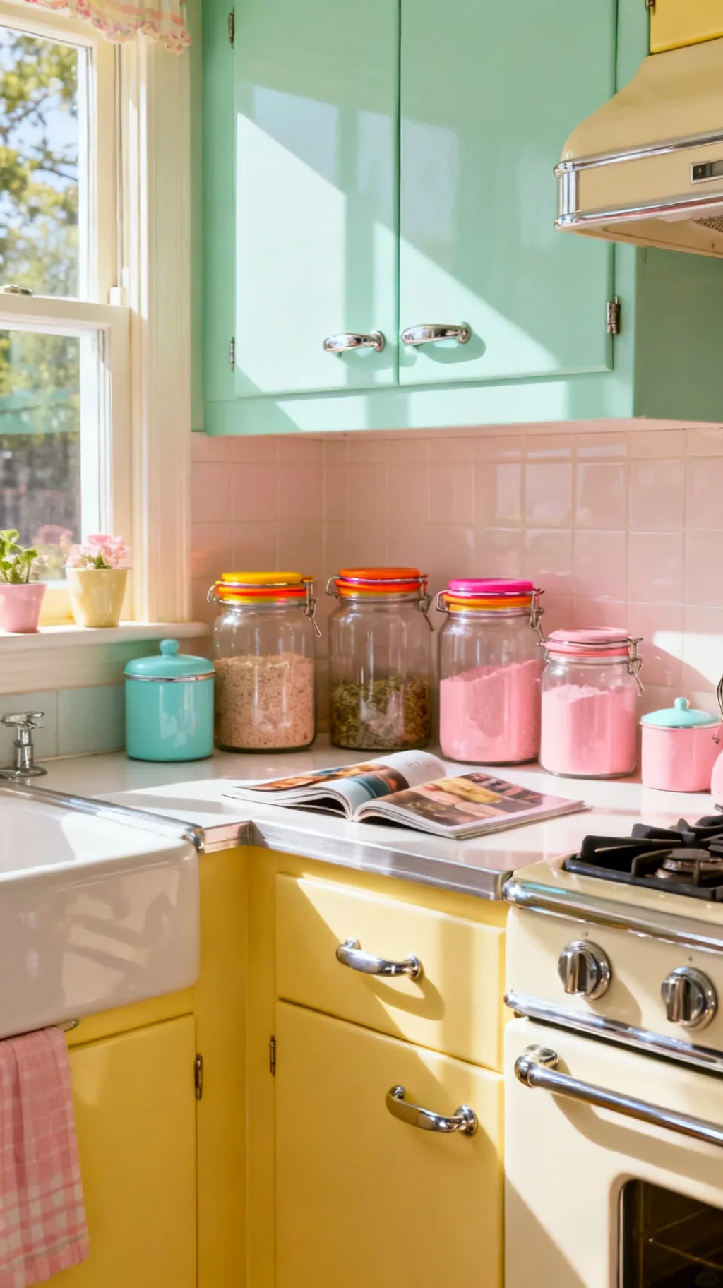 Colorful glass jars on a windowsill