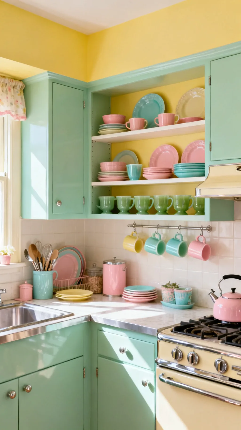 Open kitchen shelves styled with cheerful pastel retro dishware