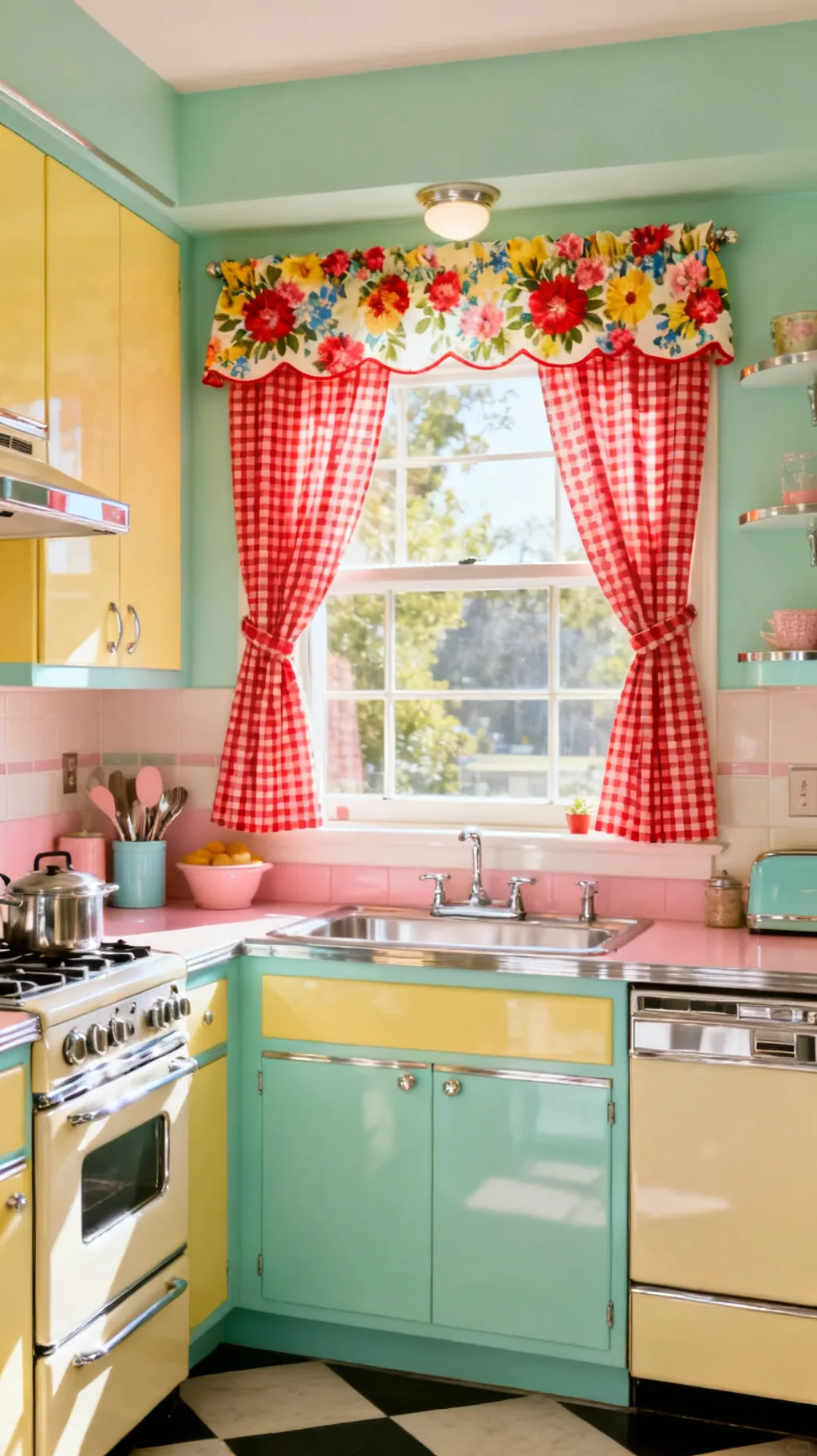 Gingham and floral curtains in a retro kitchen