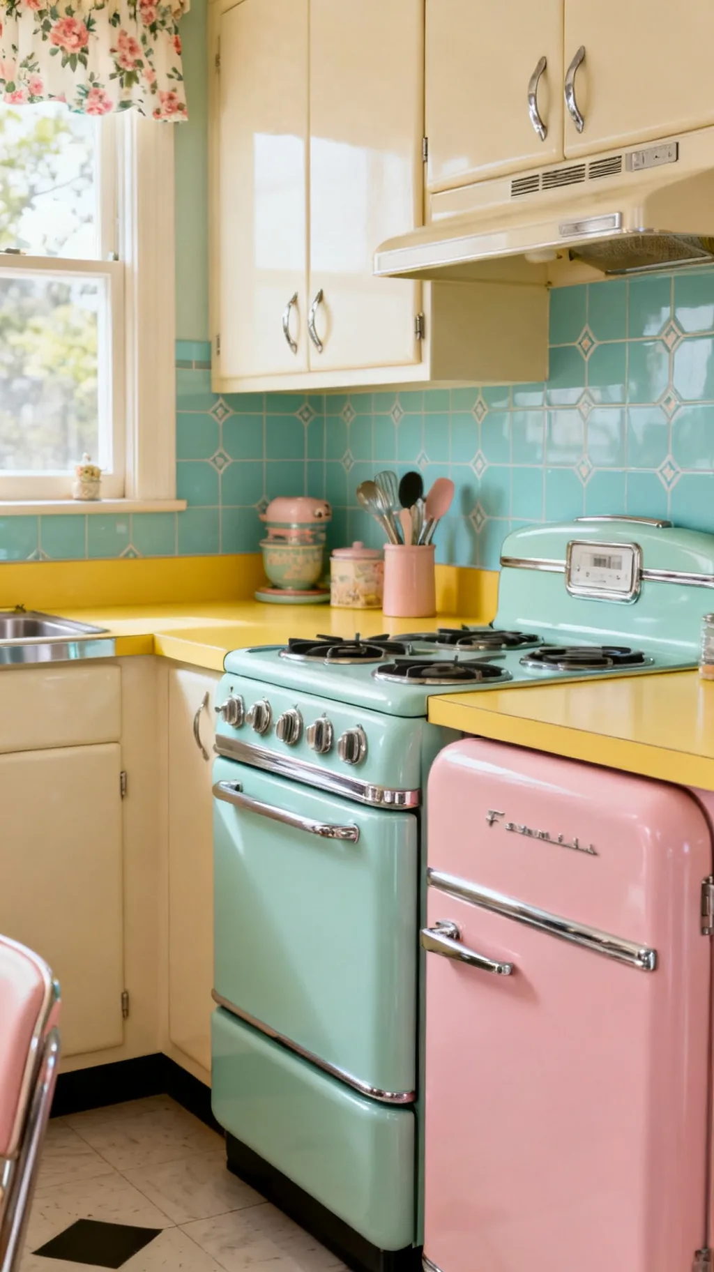 Pastel mint retro range in a cheerful kitchen
