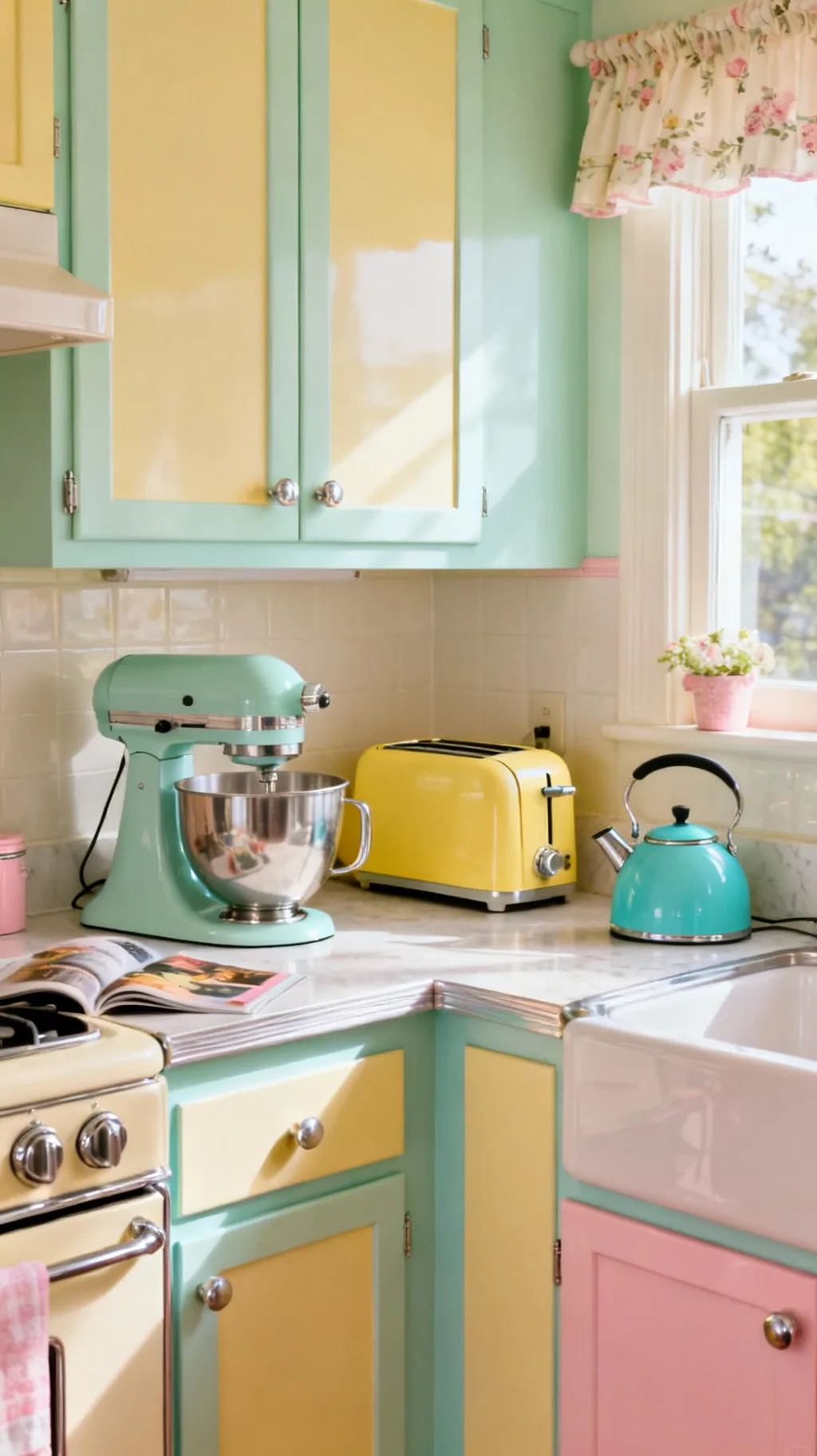 Colorful pastel retro small appliances on a kitchen counter
