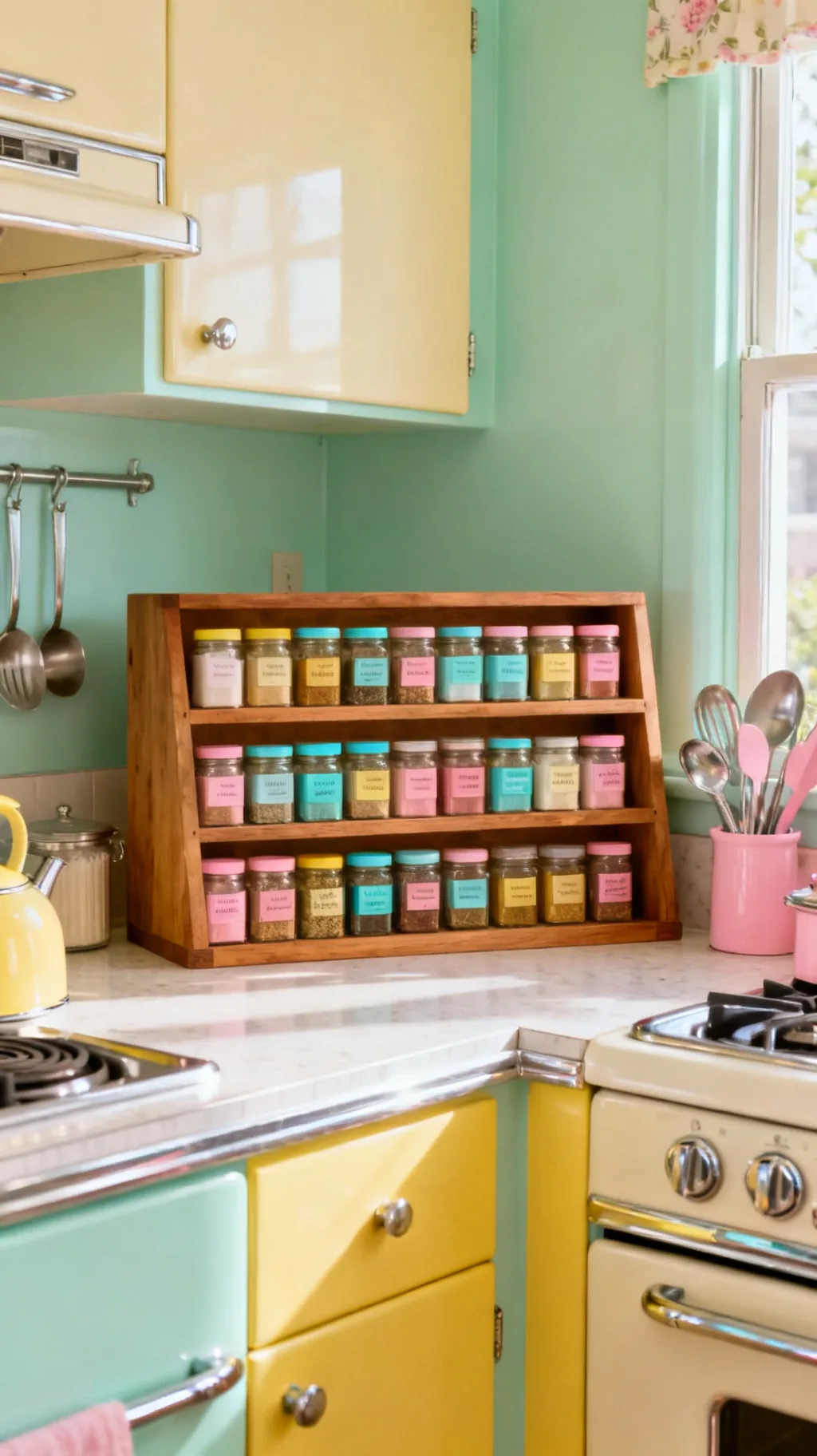 Colorful spice jars on a rack in a retro kitchen