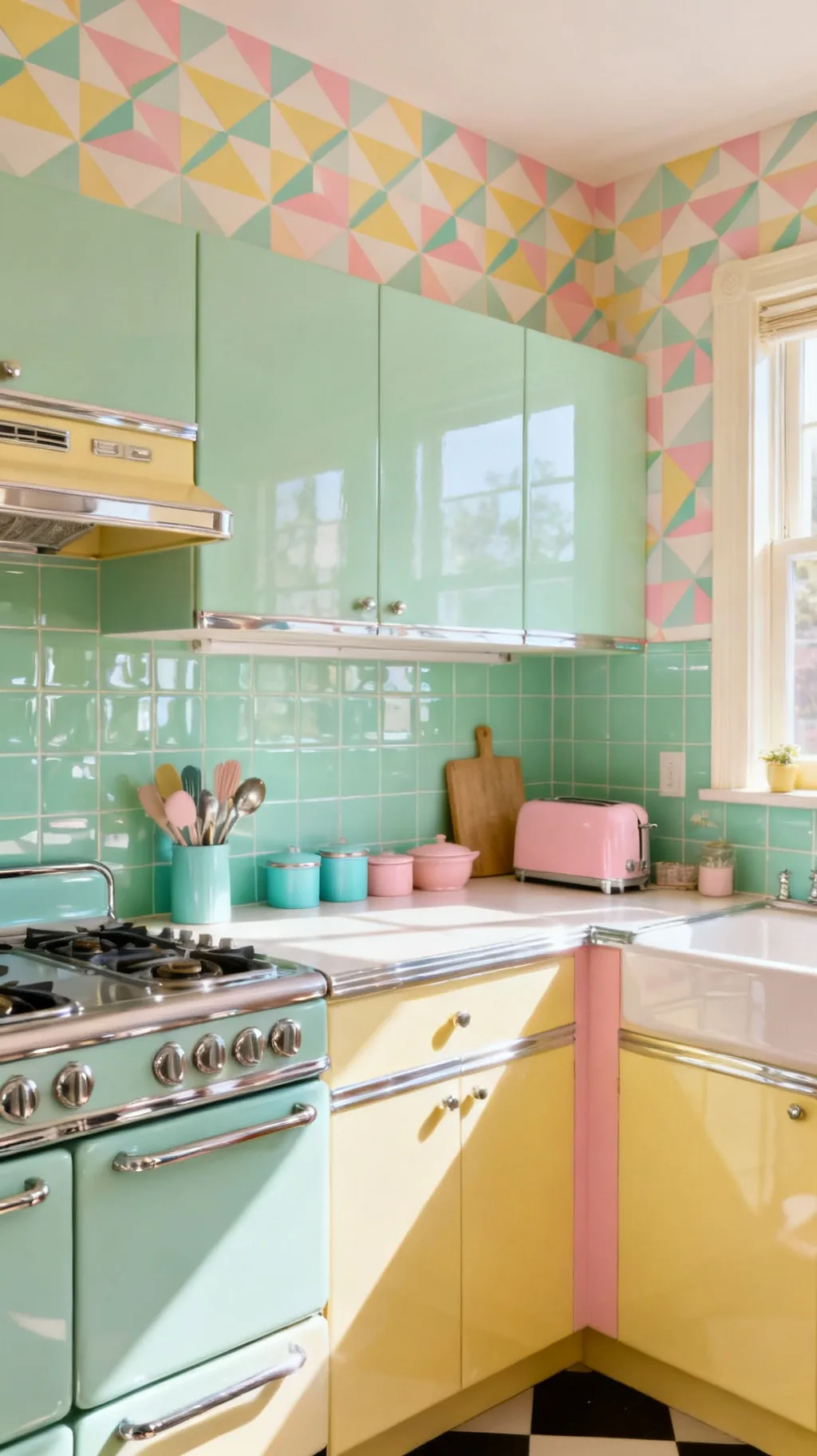 Bold retro tile backsplash in a colorful kitchen
