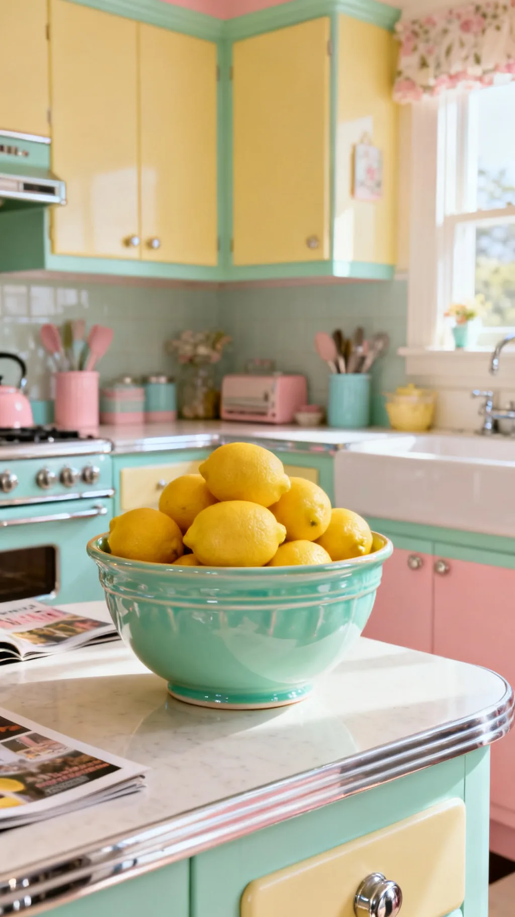 Bowl of fresh produce on a retro kitchen counter