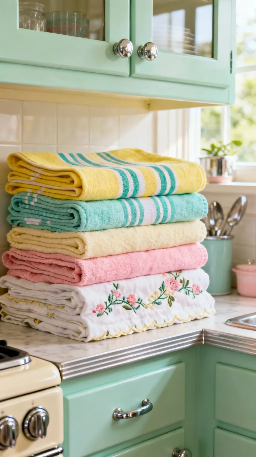 Colorful vintage linens and tea towels in a retro kitchen