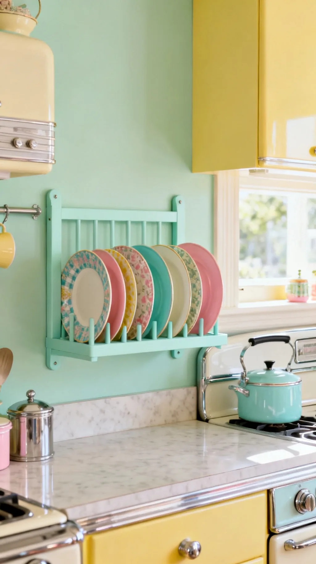 Cottage-style plate rack with colorful plates