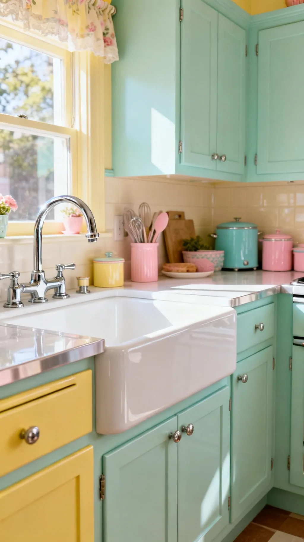 Farmhouse apron-front sink in a retro vintage kitchen