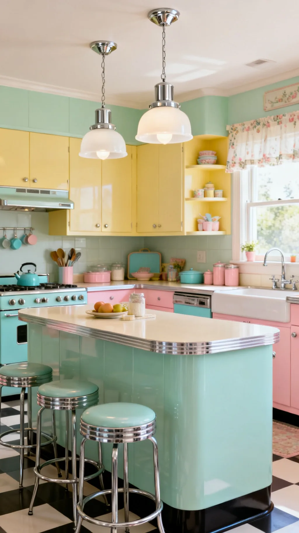 Schoolhouse and milk-glass pendants in a retro kitchen