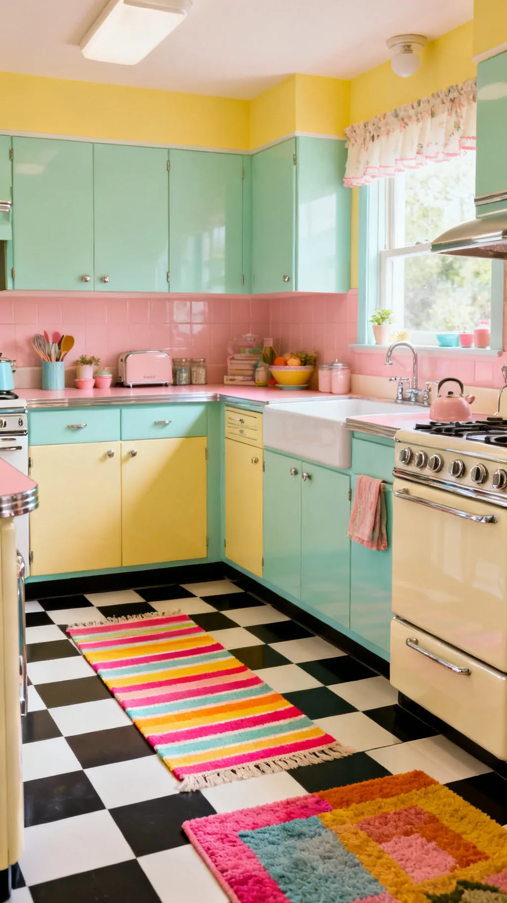 Layered runners and a cheerful rug in a retro kitchen