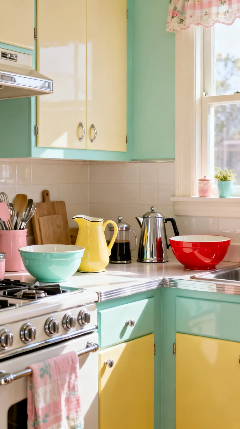 Colorful retro enamelware pitchers and pots on a kitchen counter