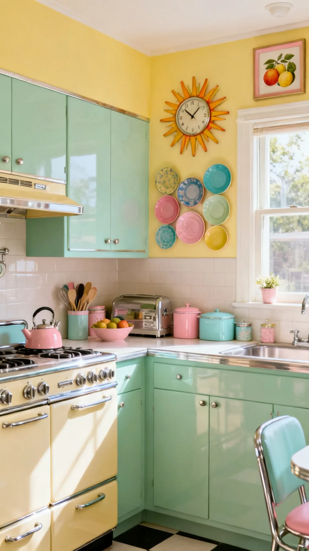 Retro kitchen wall decor with a sunburst clock and colorful plates
