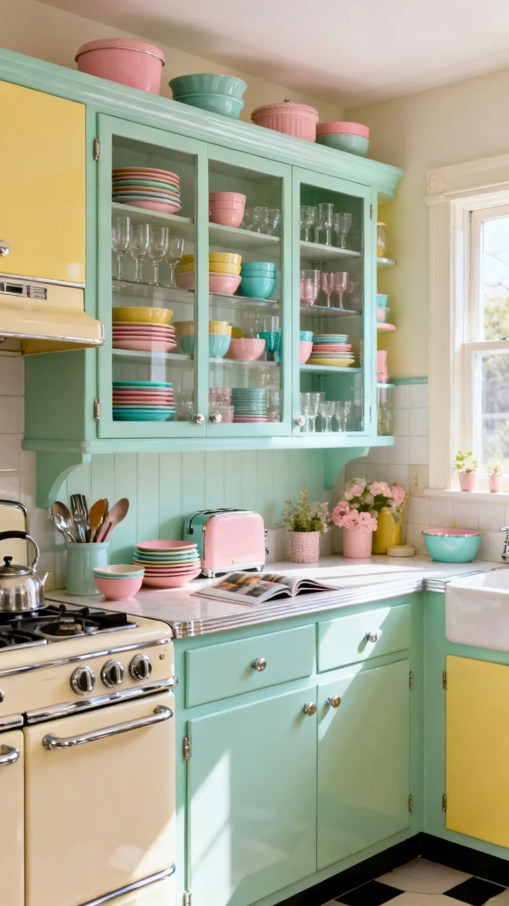 Painted mint green retro hutch filled with colorful dishware