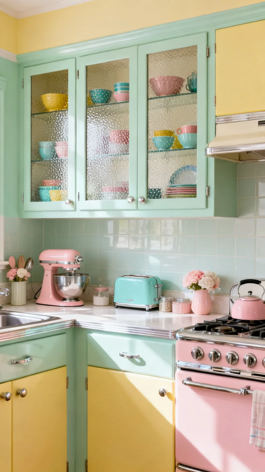 Glass-front cabinets displaying colorful retro dishware