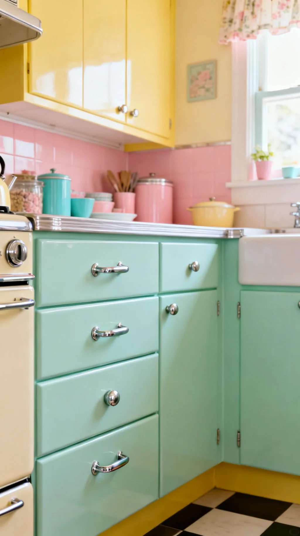 Chrome hardware on pastel retro kitchen cabinets