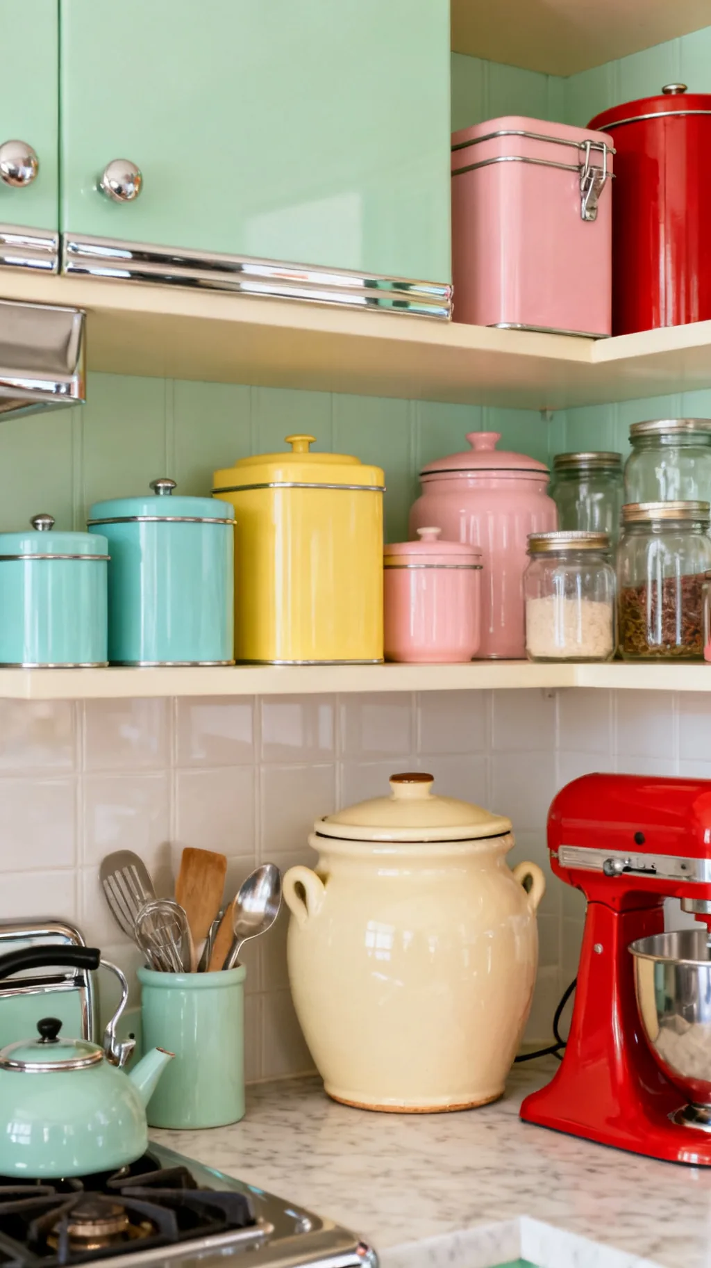 Colorful retro tins, crocks, and jars on a kitchen shelf