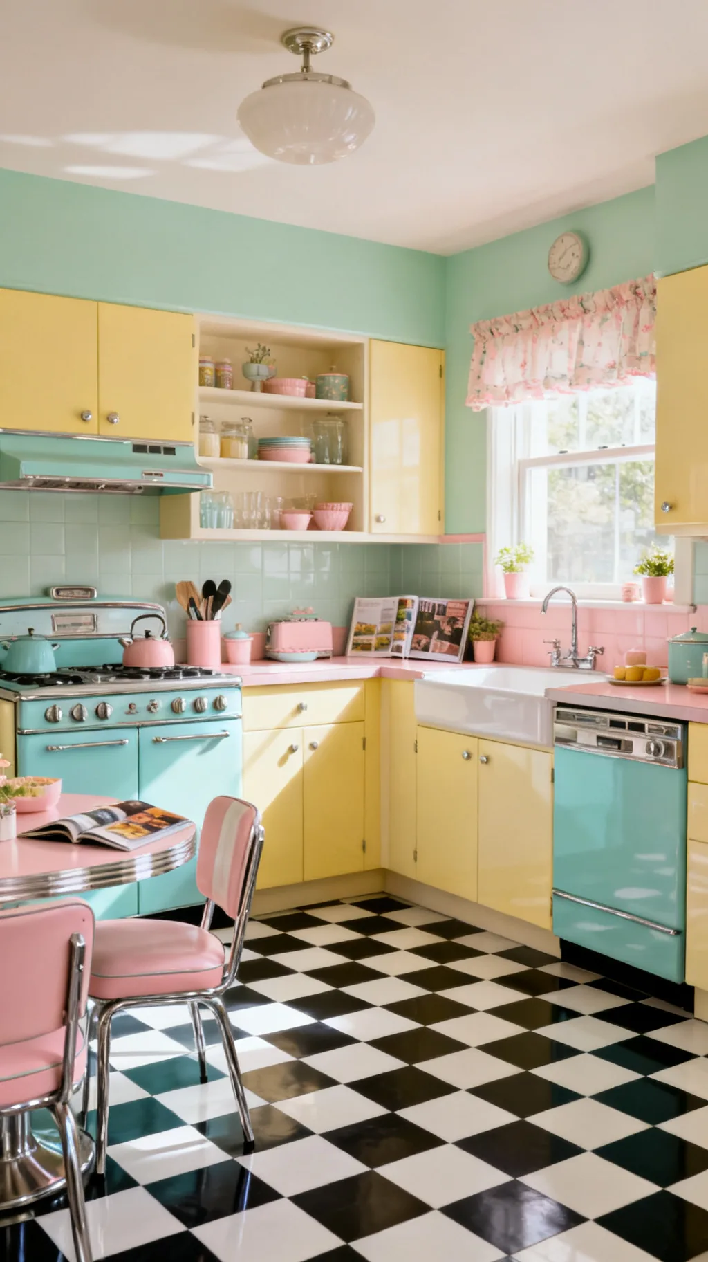 Black and white checkerboard floor in a retro kitchen