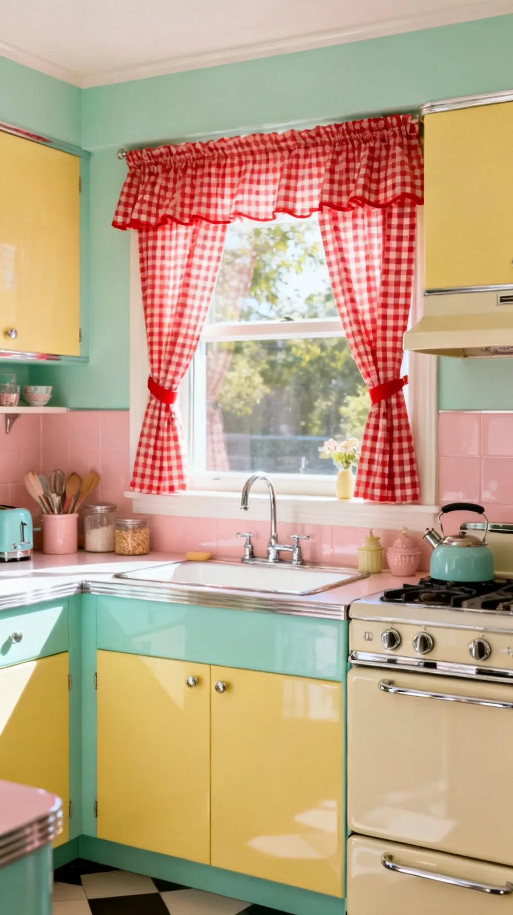 Red gingham cafe curtains