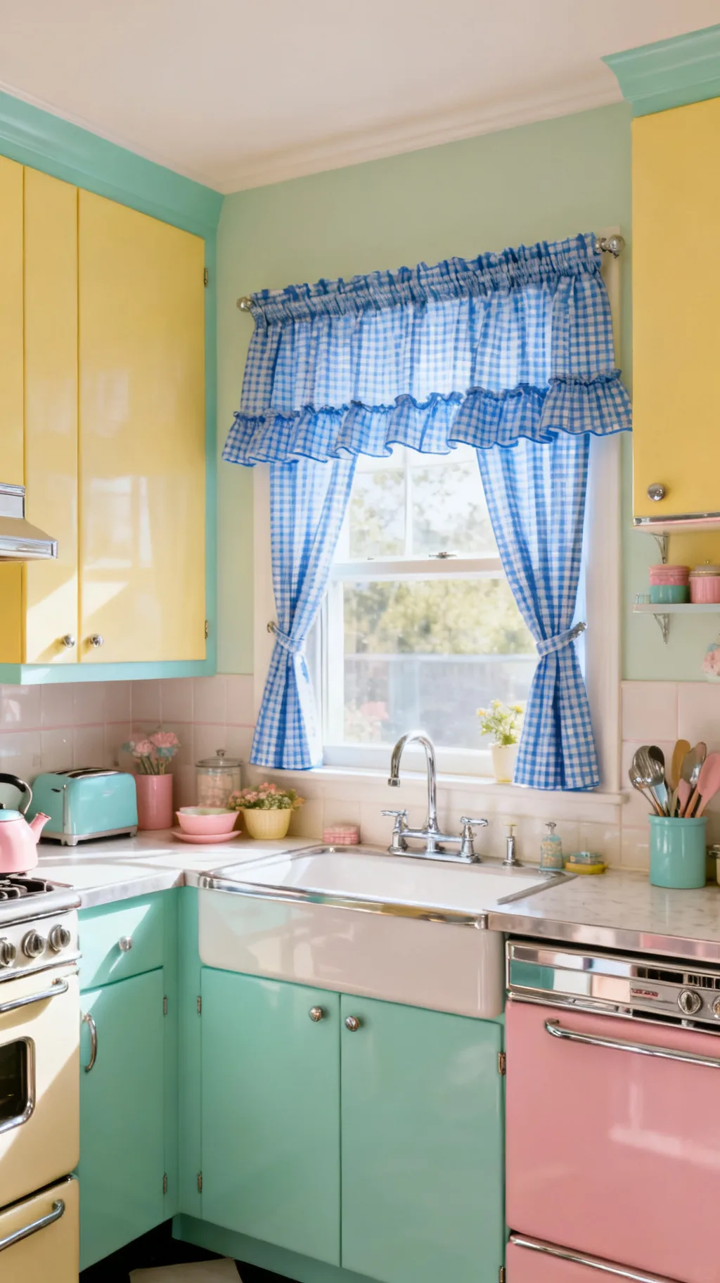 Blue gingham tier curtains