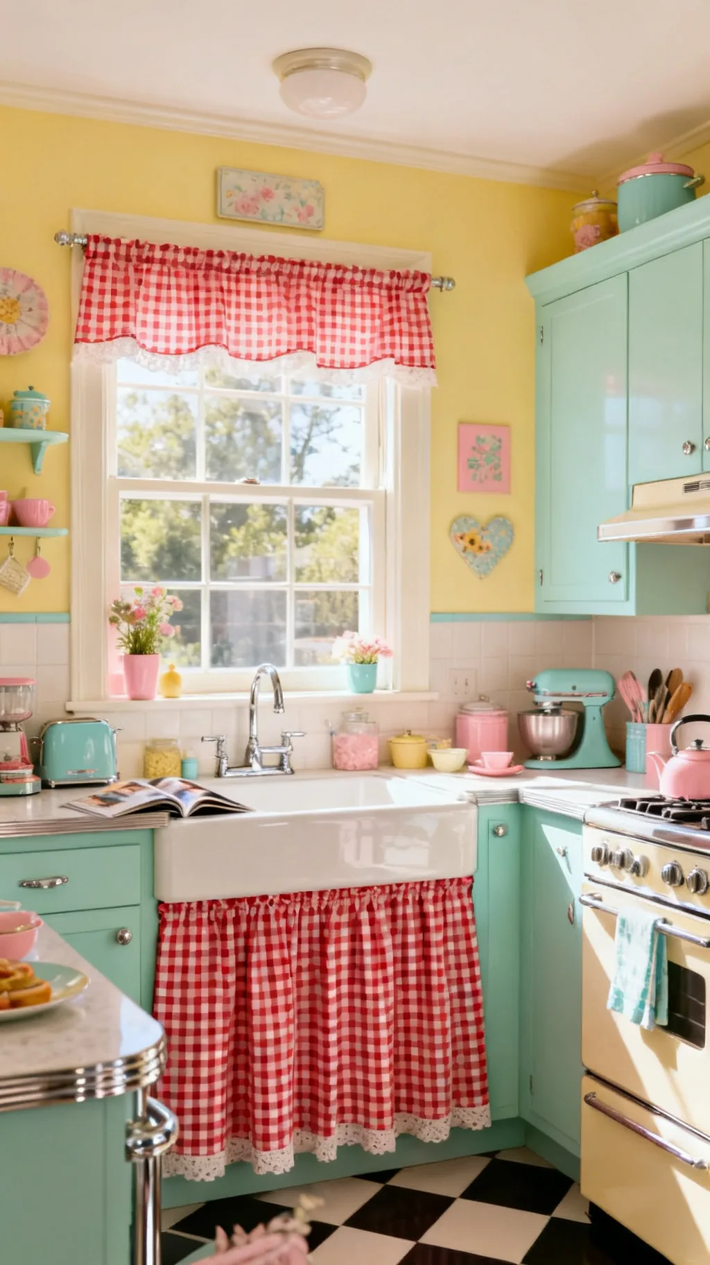 Red gingham cafe curtains in a retro kitchen