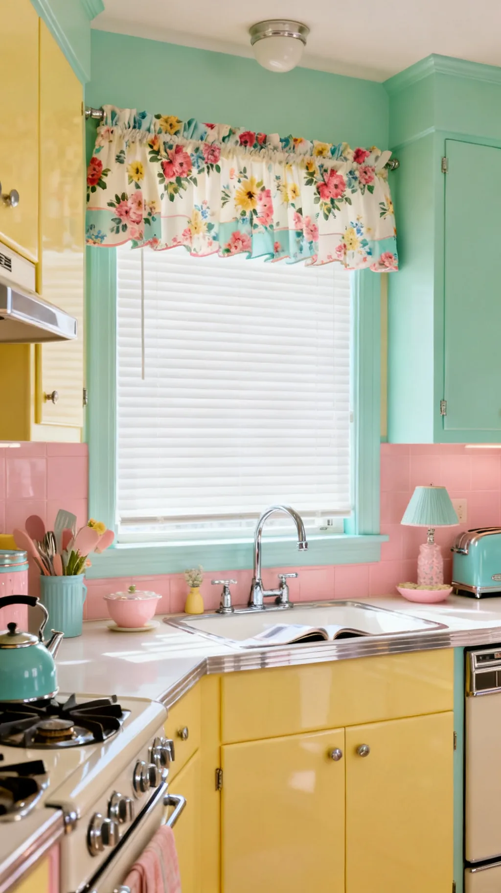 Valance layered over a blind in a retro kitchen