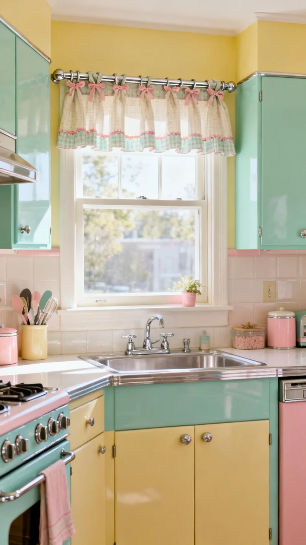 Tab-top curtains in a retro kitchen