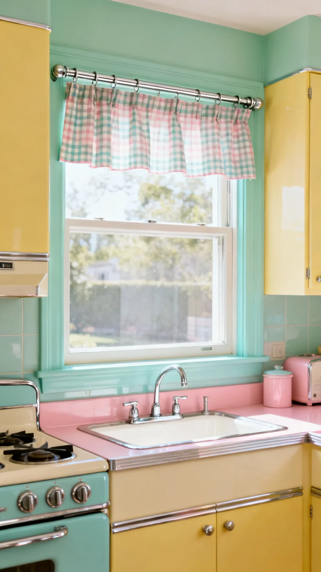 Chrome tension rod with curtains in a retro kitchen