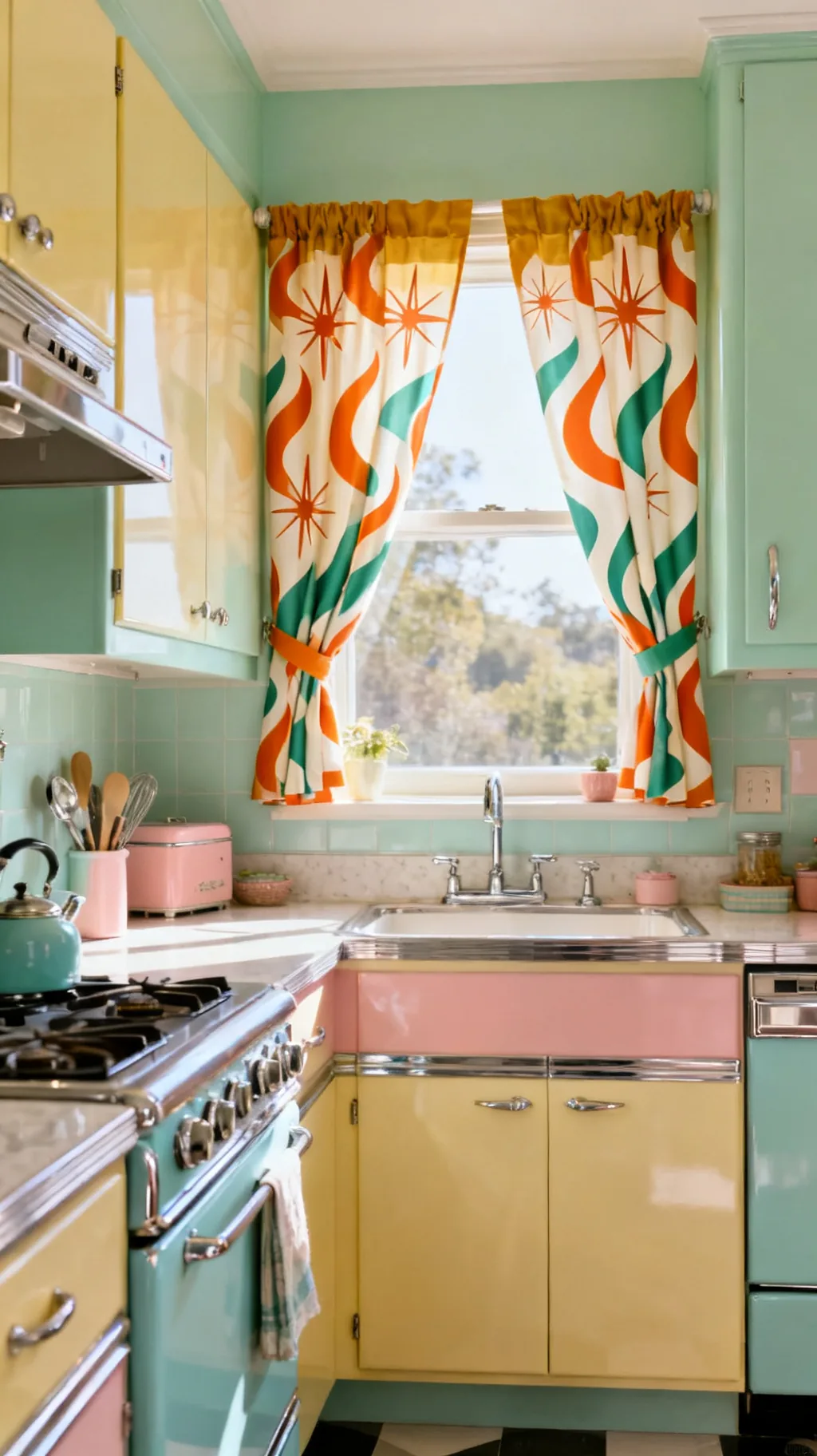Atomic print retro kitchen curtains