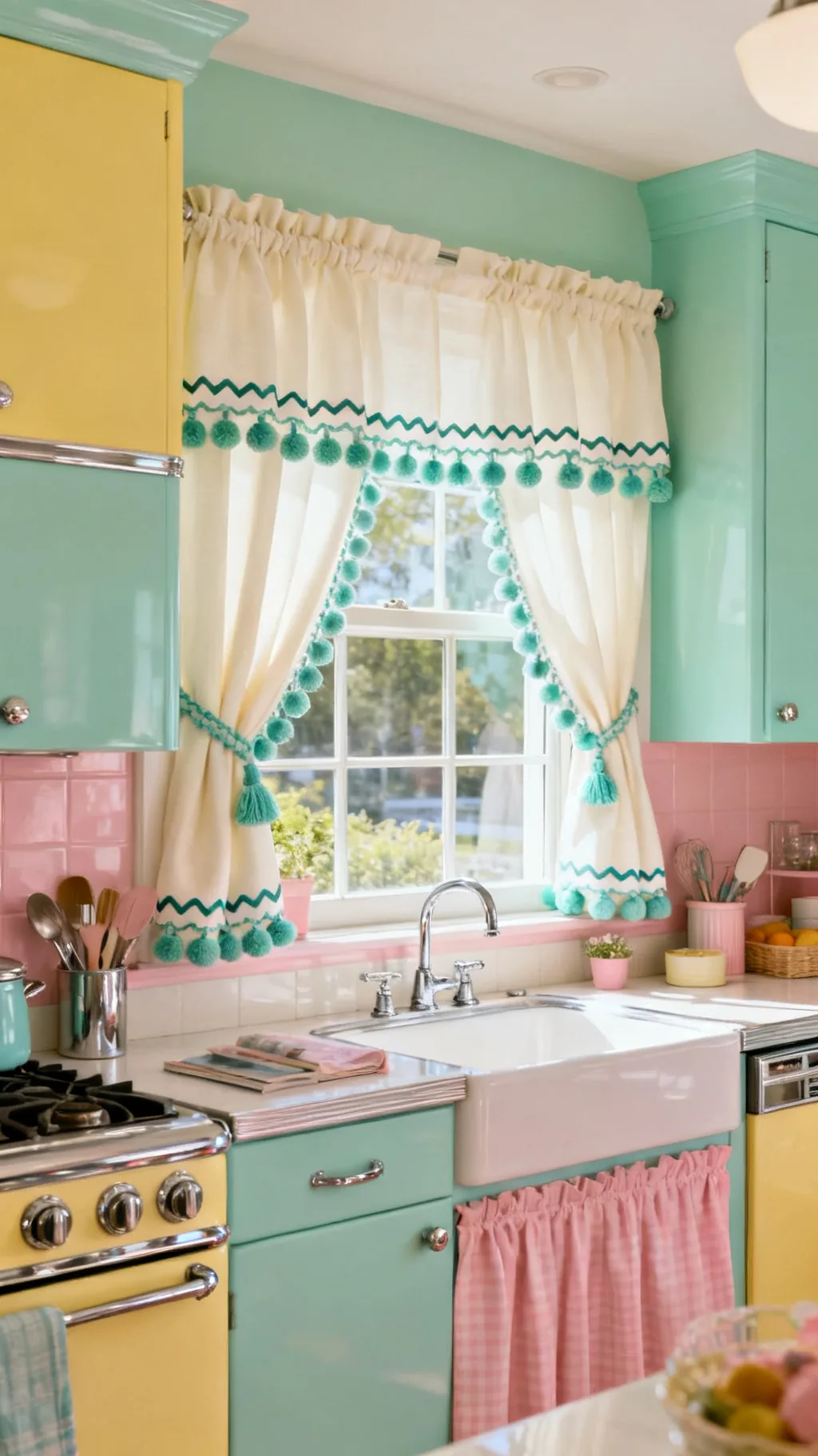 Pom-pom and ric-rac trimmed curtains in a retro kitchen