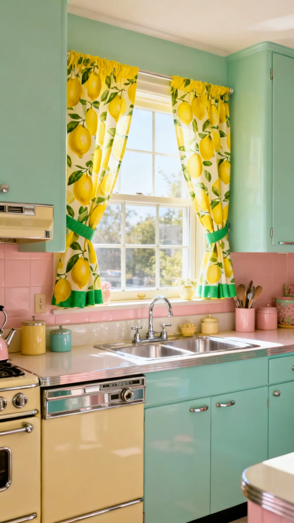 Lemon novelty print curtains in a retro kitchen